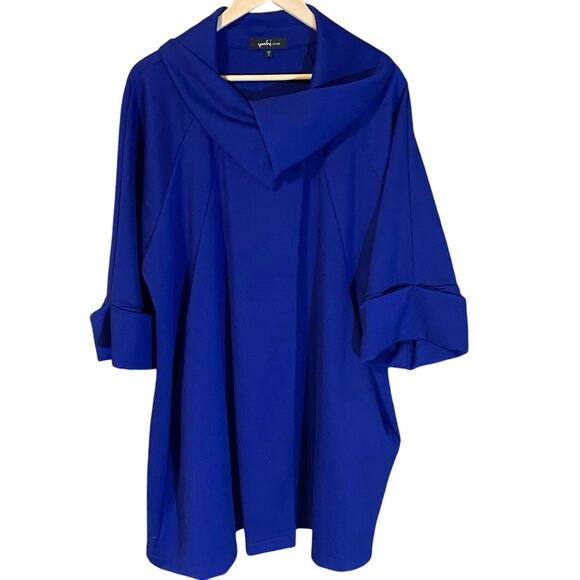 Yushi Blue Draped Collar Tunic Jacket Large Made in USA Artsy Minimalist - Picture 1 of 9